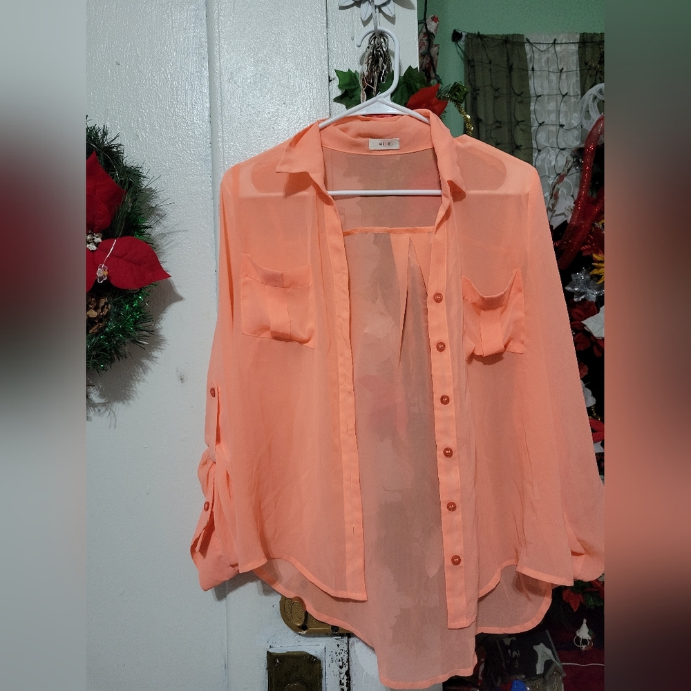 Elle Sheer Button-Up Blouse - Coral